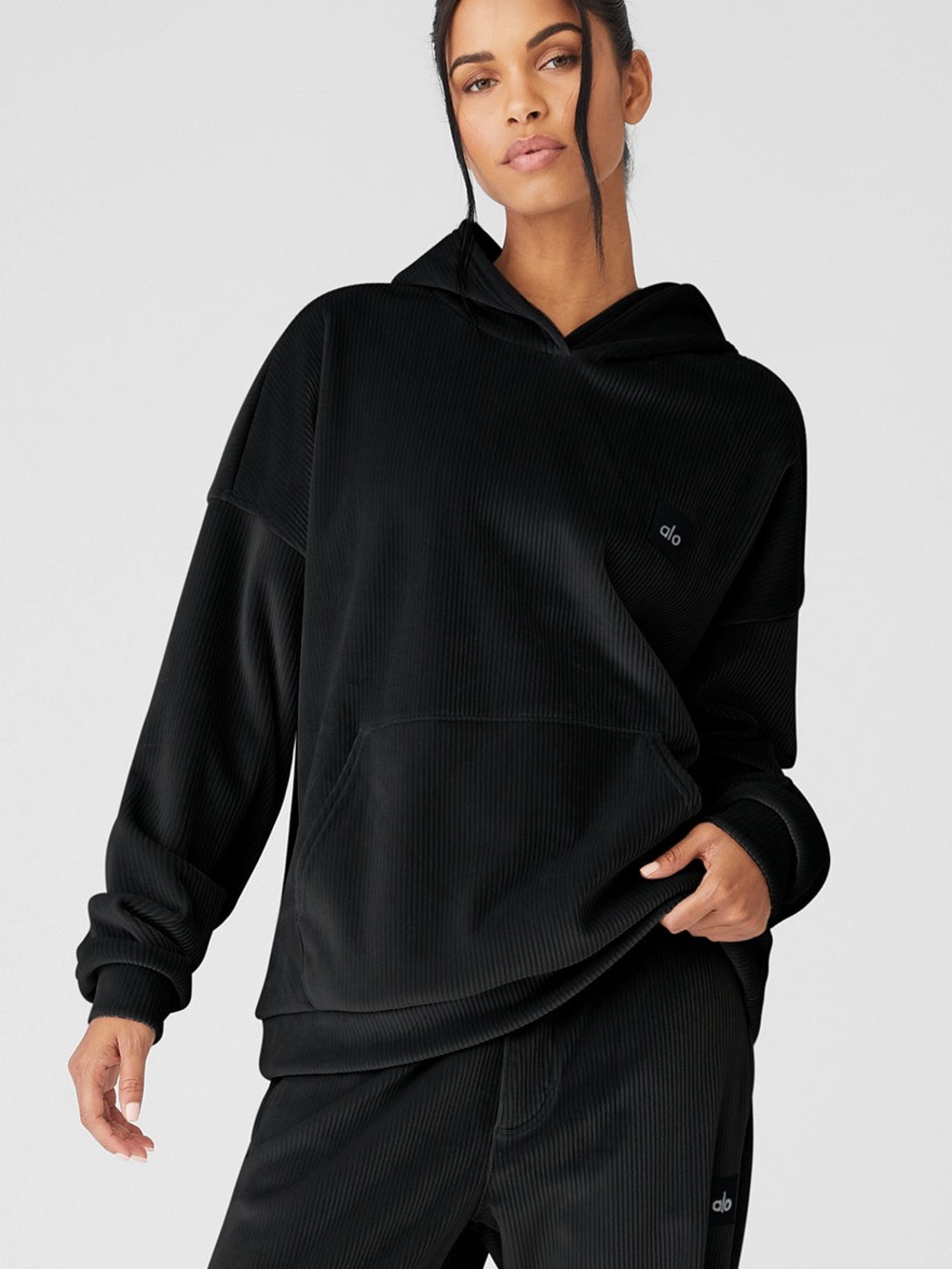 ALO Yoga Black Ribbed Relaxed Hoodie